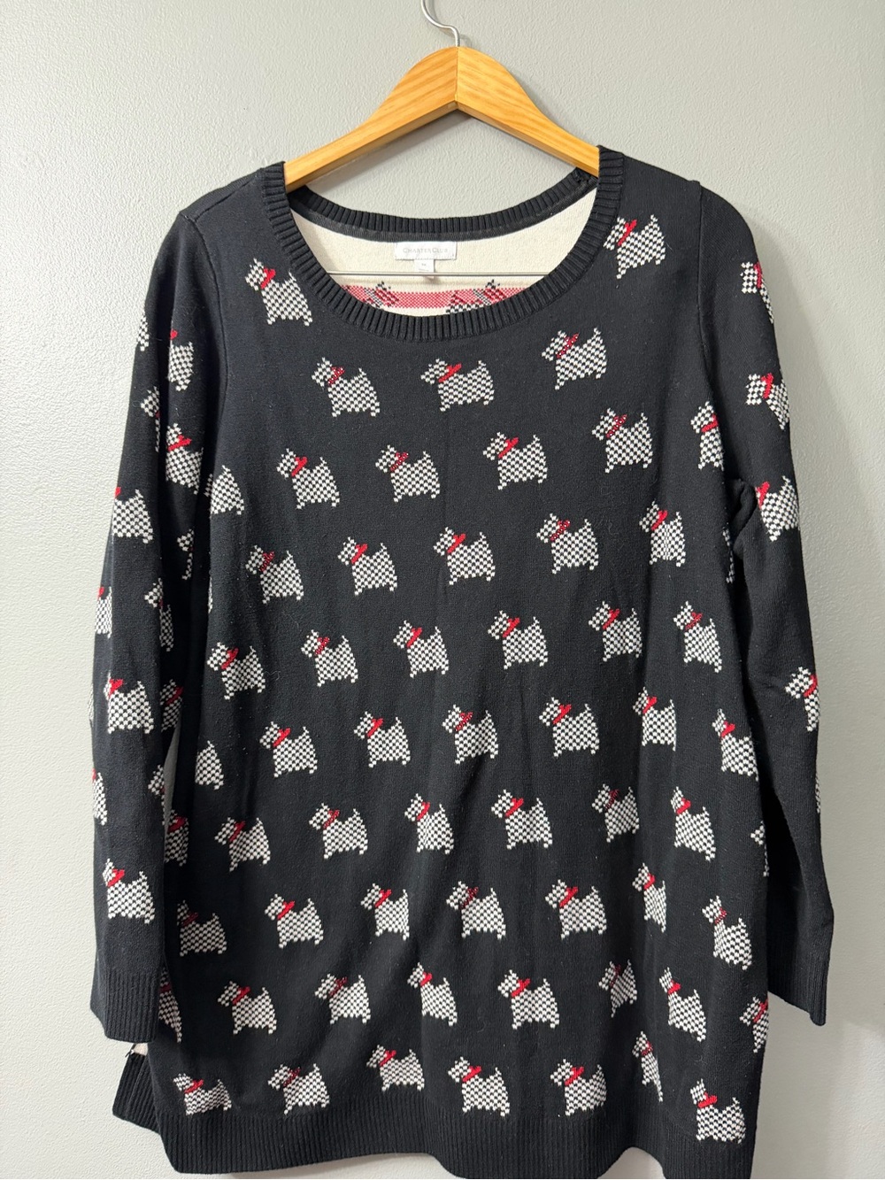 Woman’s Charter Club Sweater Black Novelty Scottie Dog Crewneck 2x